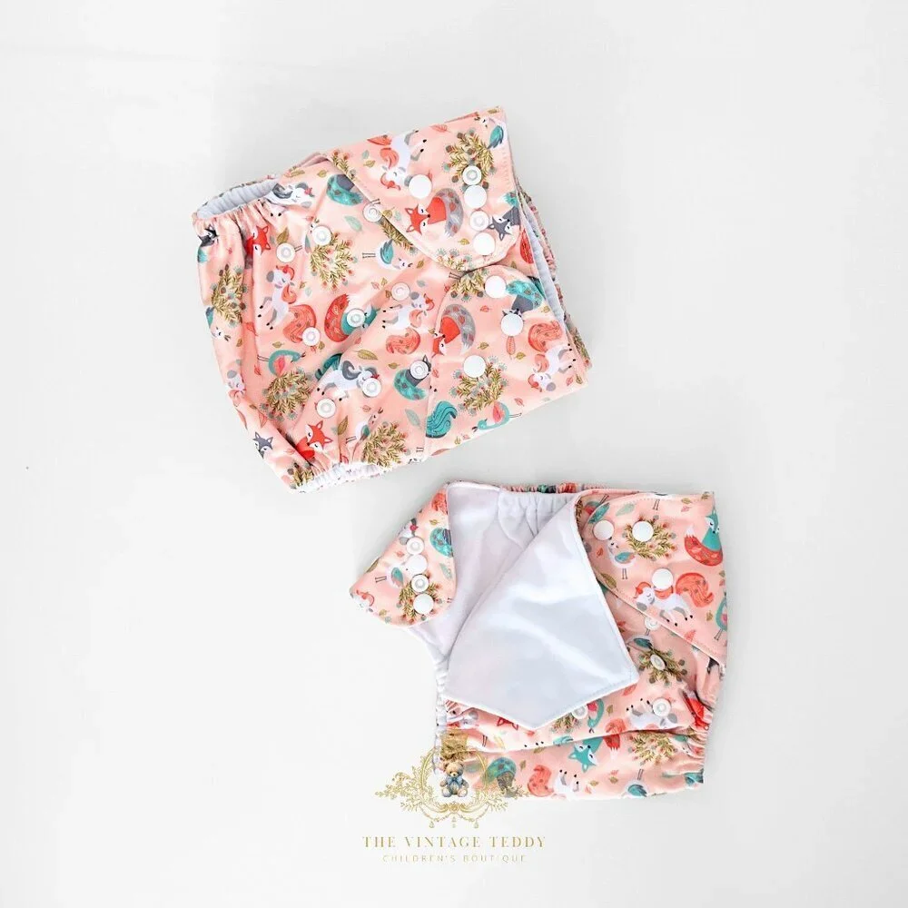 NWT Cute Baby Cloth Diapers Reusable Washable Little Fox & Friends Set of 4 OS